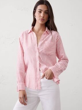Banana Republic Linen-Blend Pink & White Striped Button-Down Shirt